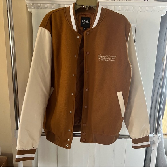 boohoo MAN Varsity Jacket Brown & White Size Large 2013 Confidence Humanity Coat - Picture 3 of 12
